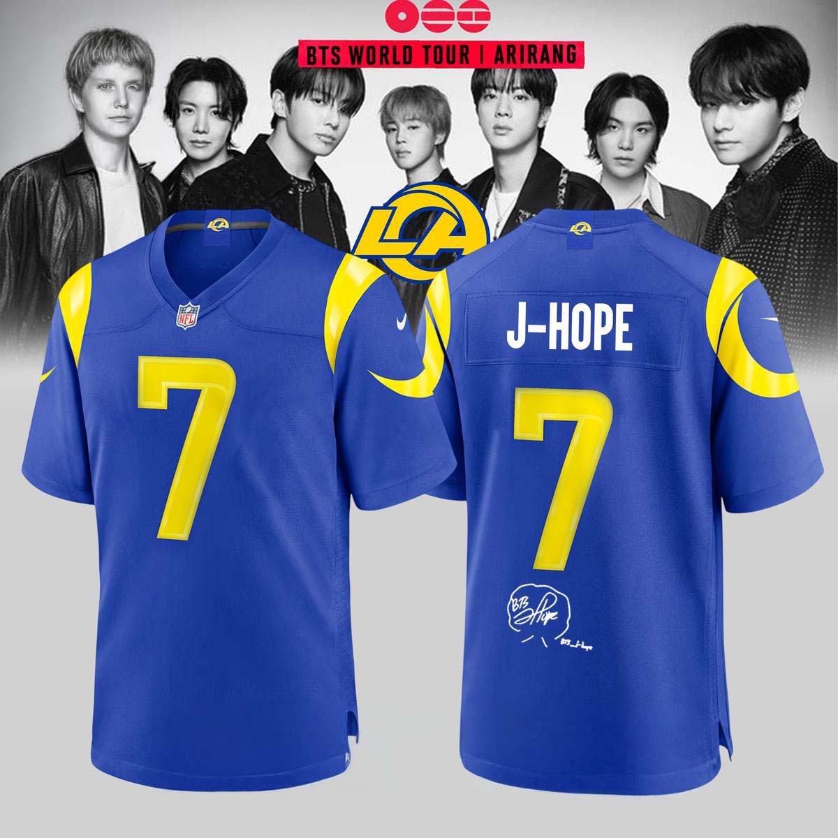J Hope Football Jersey Los Angeles Rams x BTS World Tour Ariang 2026 Crossover Collection 1 - Unicasport J Hope Football Jersey Los Angeles Rams x BTS World Tour Ariang 2026 Crossover Collection