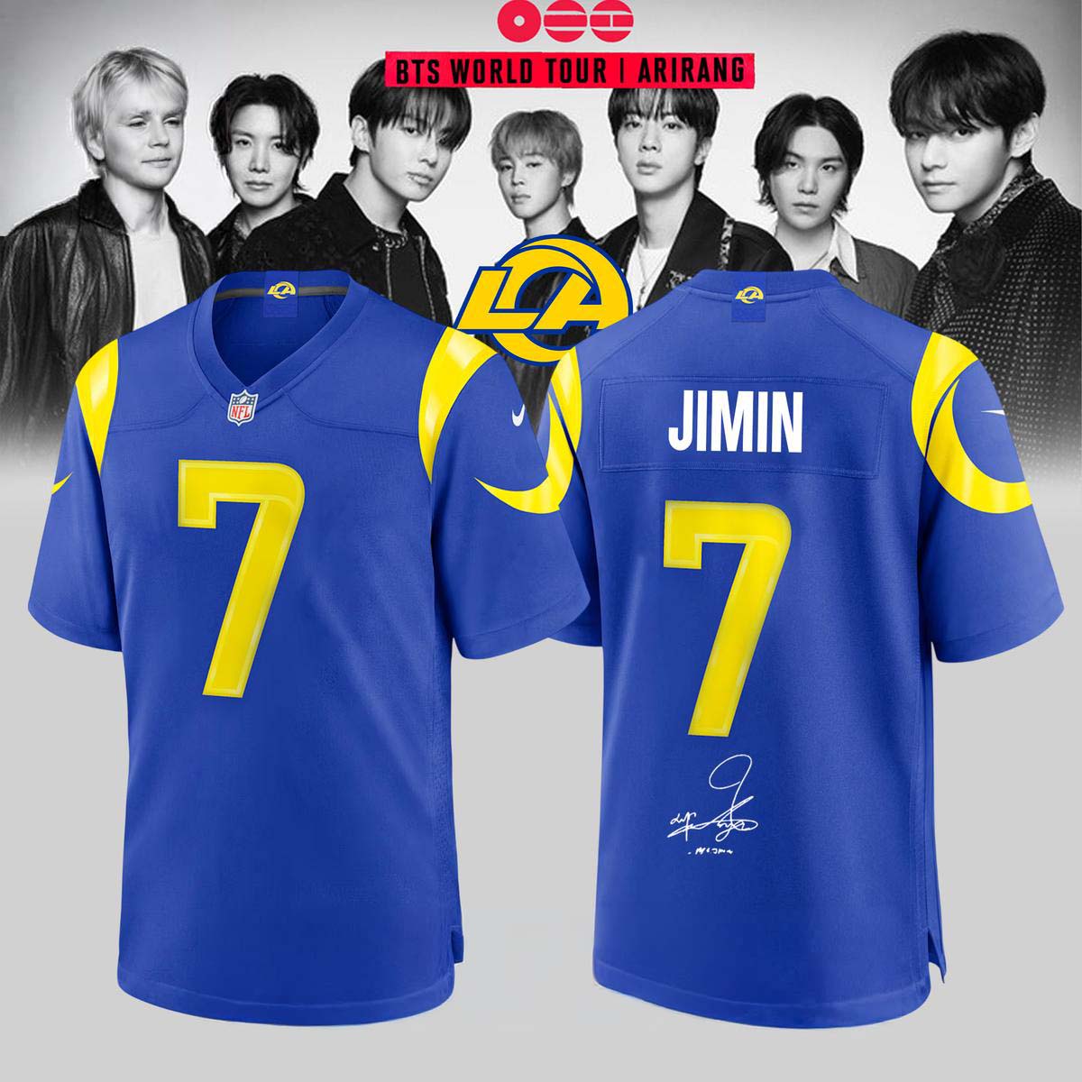 Jimin Football Jersey Los Angeles Rams x BTS World Tour Ariang 2026 Music Fanwear 1 - Unicasport Jimin Football Jersey Los Angeles Rams x BTS World Tour Ariang 2026 Music Fanwear