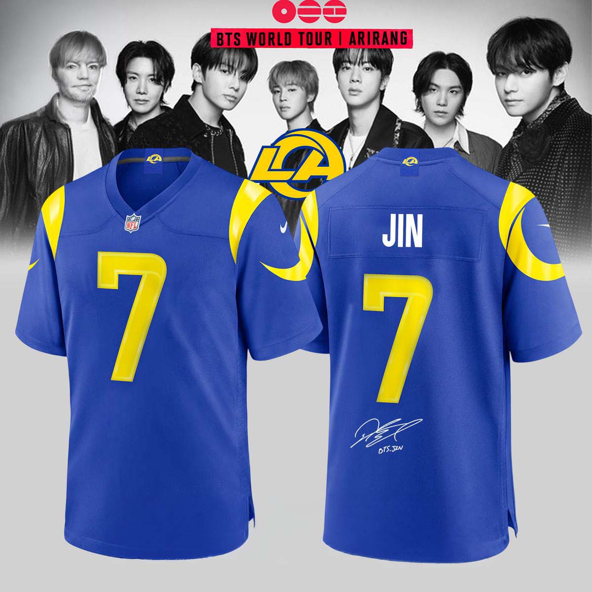 Jin Football Jersey Los Angeles Rams x BTS World Tour Ariang 2026 Concert Apparel 2 - Unicasport Jin Football Jersey Los Angeles Rams x BTS World Tour Ariang 2026 Concert Apparel