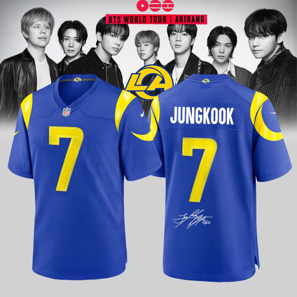 Jungkook Football Jersey Los Angeles Rams x BTS World Tour Ariang 2026 Crossover Collection 1 - Unicasport Jungkook Football Jersey Los Angeles Rams x BTS World Tour Ariang 2026 Crossover Collection