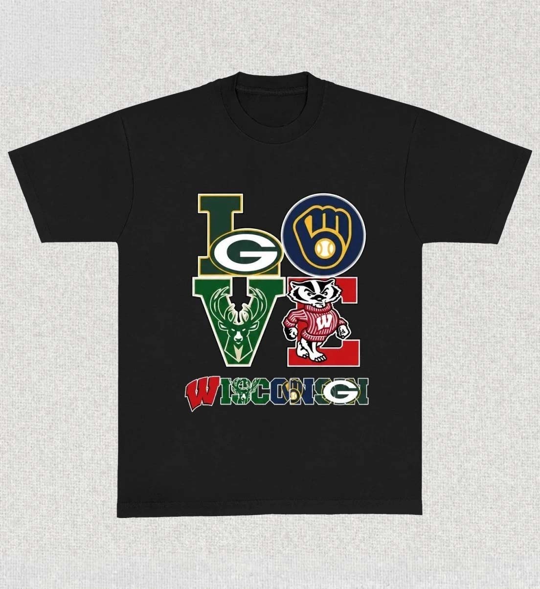 LOVE Wisconsin sports teams Green Bay Packers Milwaukee Bucks Milwaukee Brewers and Wisconsin Badgers TShirt