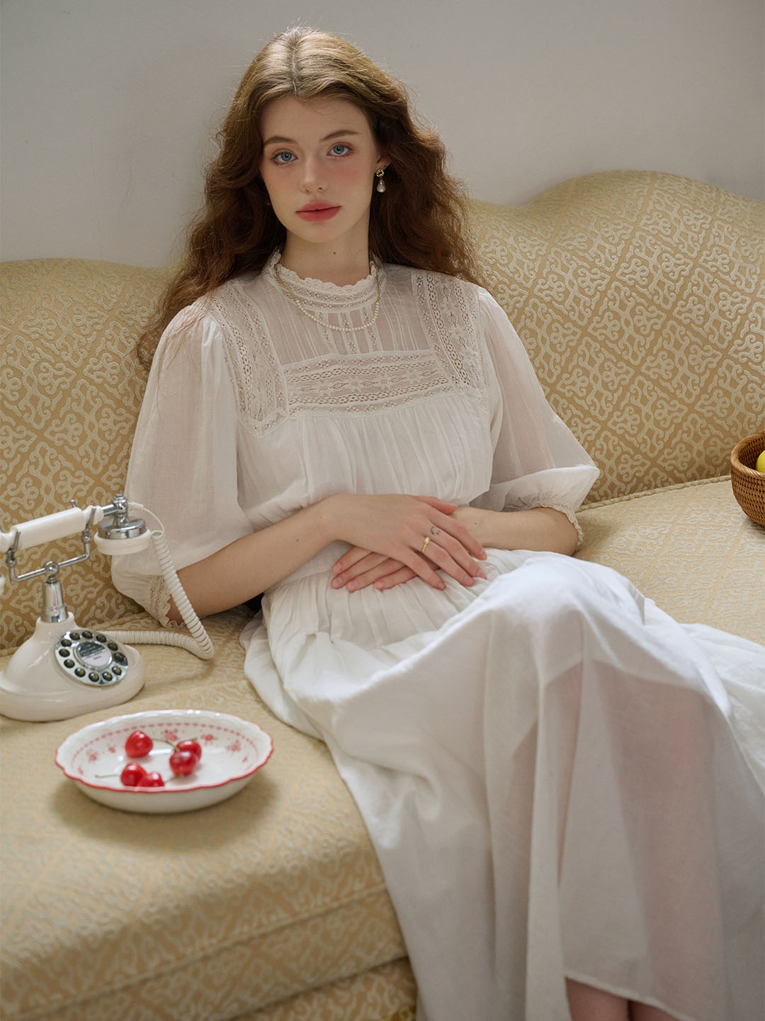 Lumina Good Stylists White Cotton Lace Panel Puff Sleeve Maxi Dress