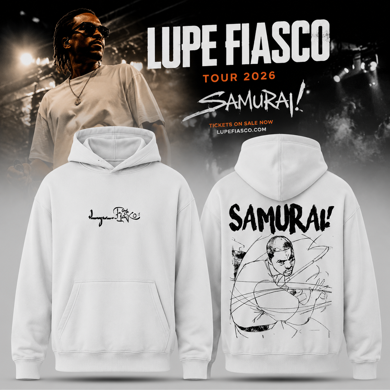 Lupe Fiasco Samurai Tour 2026 Graphic White Hoodie Hip Hop Fan Gift