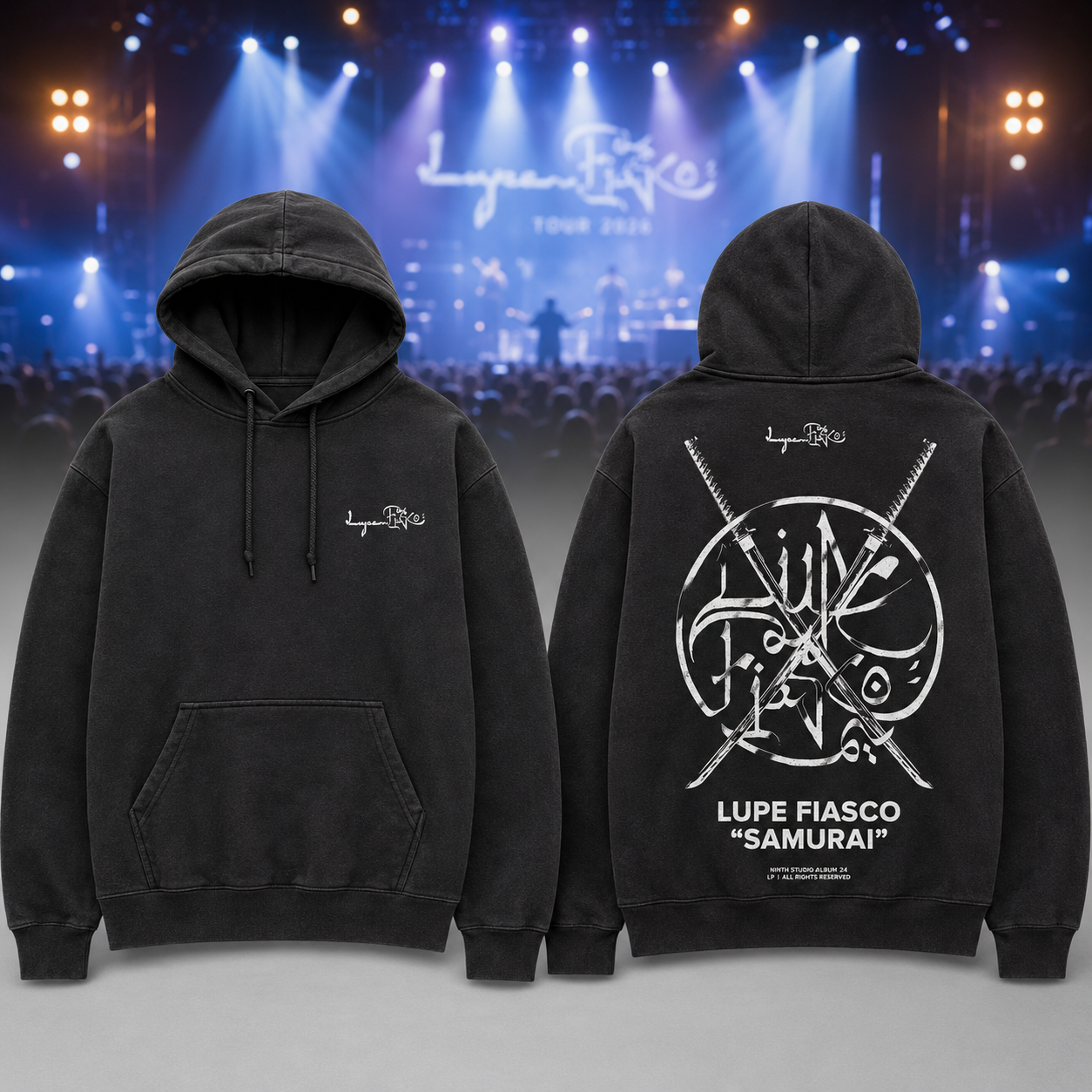 Lupe Fiasco Samurai Tour Black Graphic Hoodie with Crossed Swords Design for Hip Hop Fans