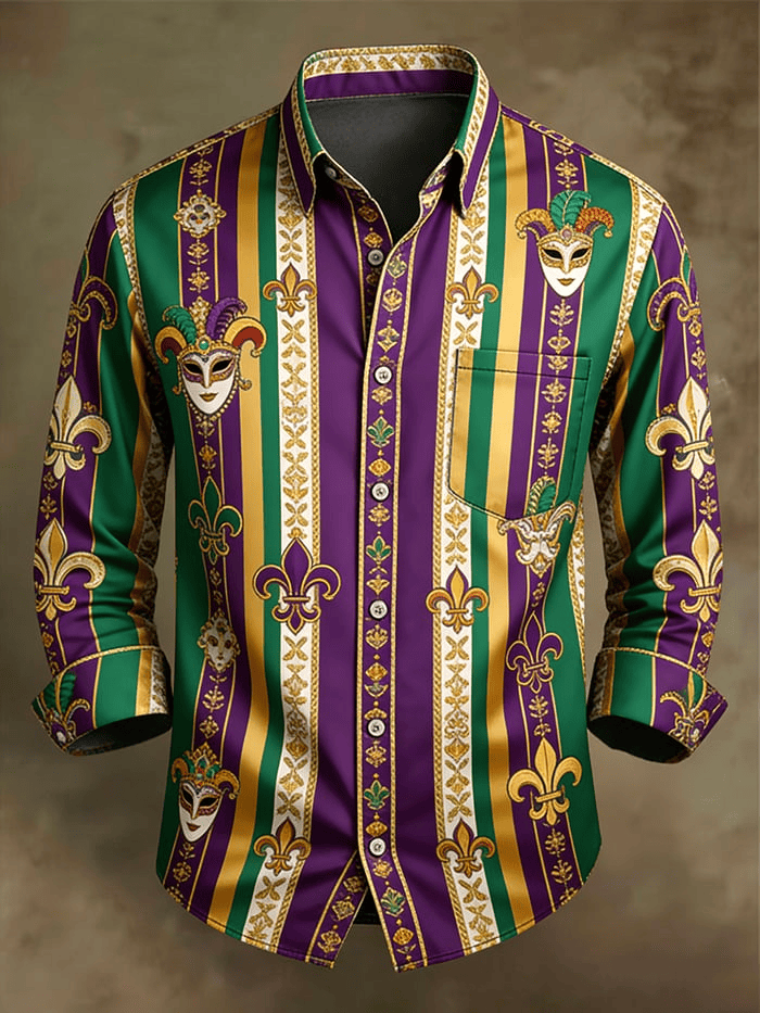 Mask Mardi Gras Button Up Shirt Long Sleeve Fleur De Lis Holiday Apparel Mardi Gras Button Down Merch 2026