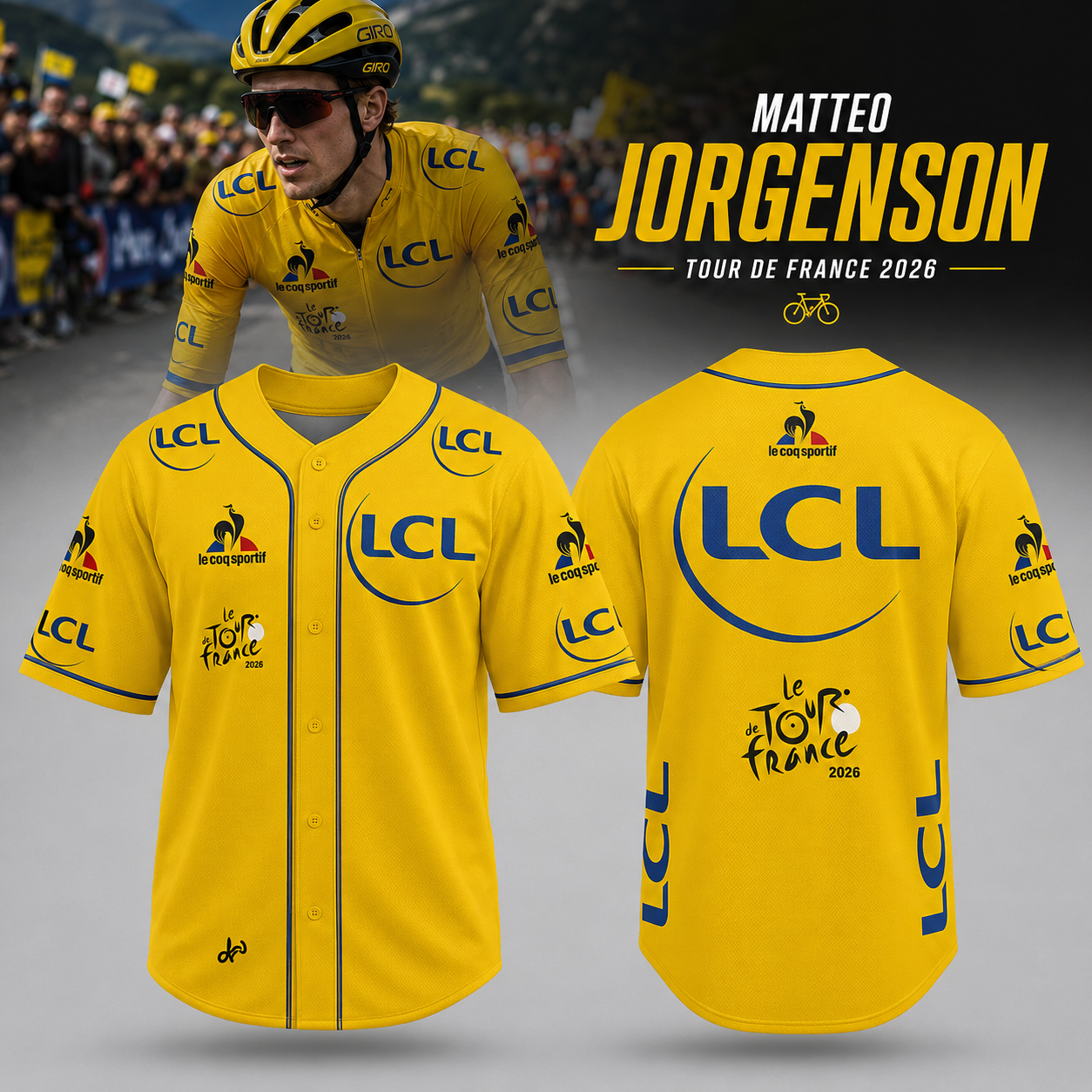 Matteo Jorgenson Tour de France 2026 Yellow LCL Graphic Baseball Jersey - Best Gift for Cycling Fans