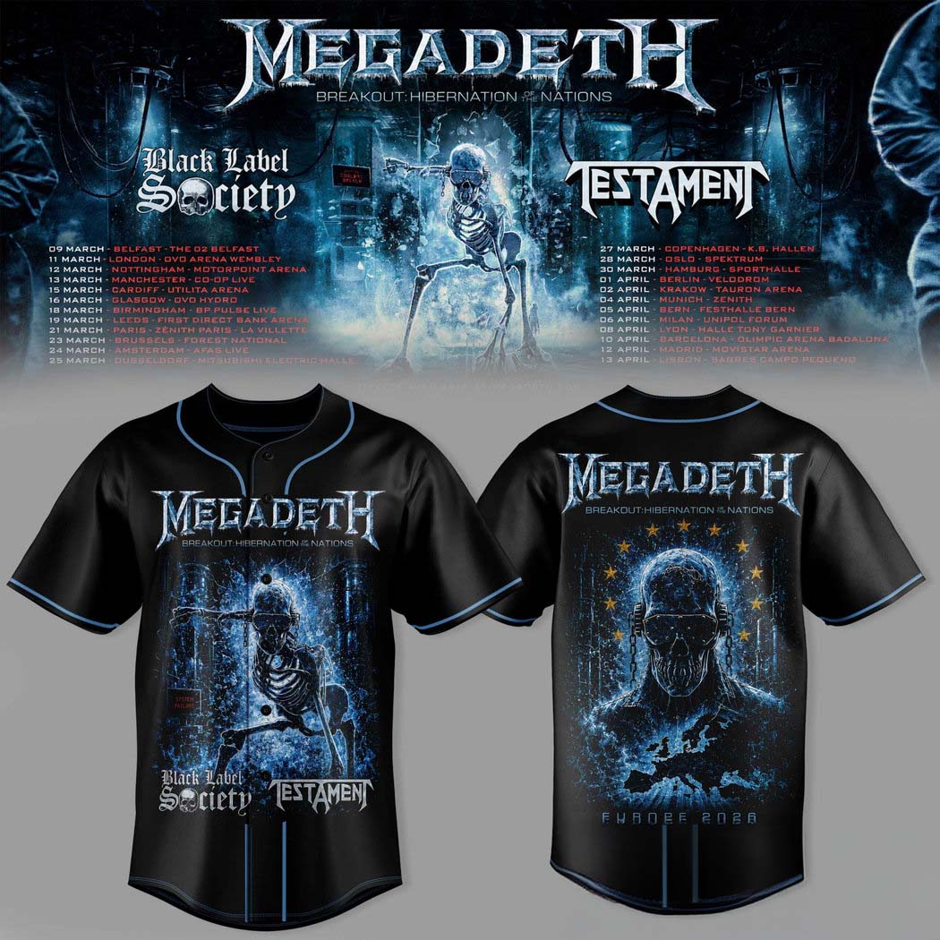 Megadeth Breakout Hibernation of the Nations Tour Black Blue Baseball Jersey 1 - Unicasport Megadeth Breakout Hibernation of the Nations Tour Black Blue Baseball Jersey