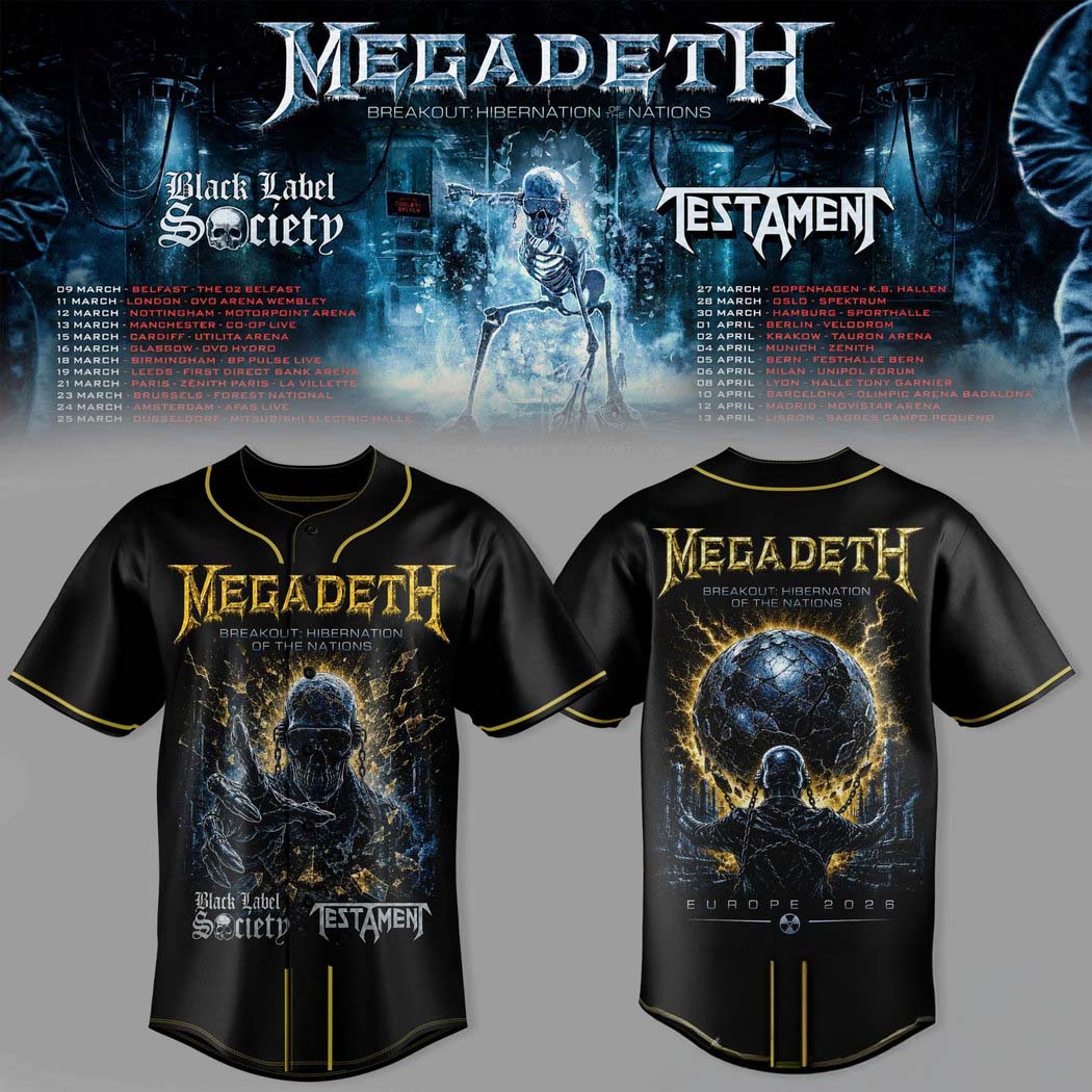Megadeth Breakout Hibernation of the Nations Tour Black Gold Baseball Jersey 1 - Unicasport Megadeth Breakout Hibernation of the Nations Tour Black Gold Baseball Jersey