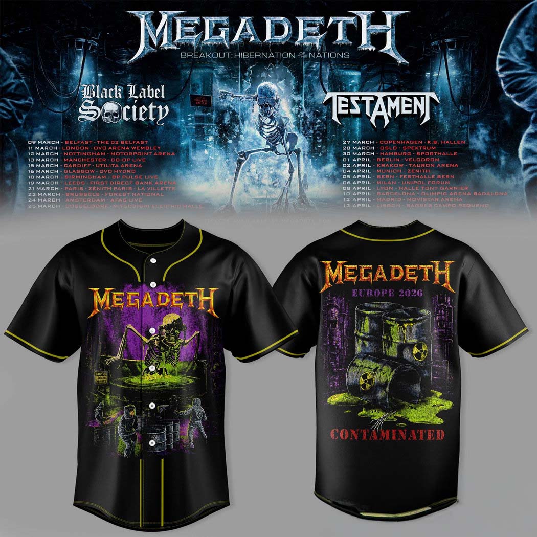 Megadeth Breakout Hibernation of the Nations Tour Black Purple Baseball Jersey 1 - Unicasport Megadeth Breakout Hibernation of the Nations Tour Black Purple Baseball Jersey