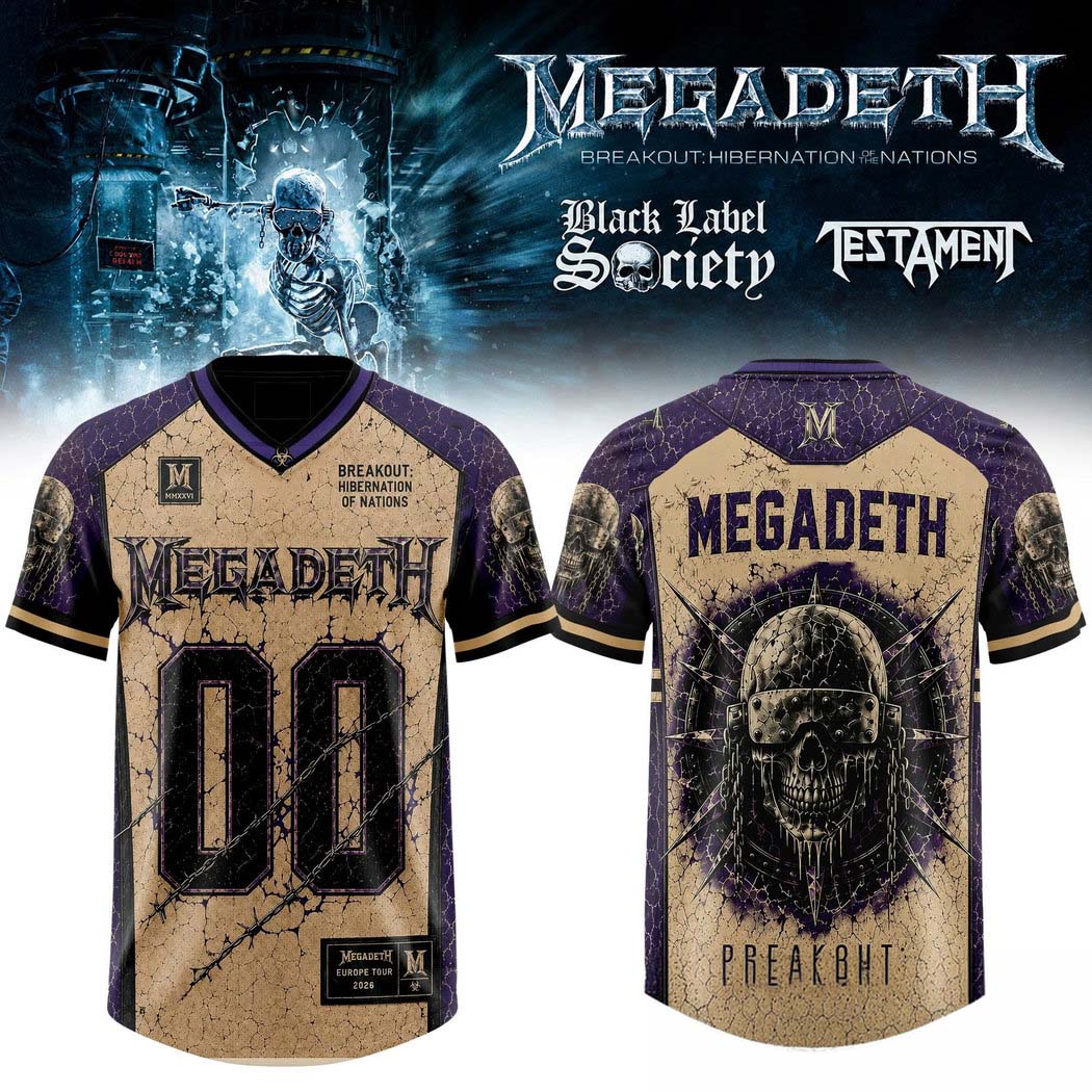 Megadeth Breakout Hibernation of the Nations Tour Purple Gold Football Jersey 1 - Unicasport Megadeth Breakout Hibernation of the Nations Tour Purple Gold Football Jersey