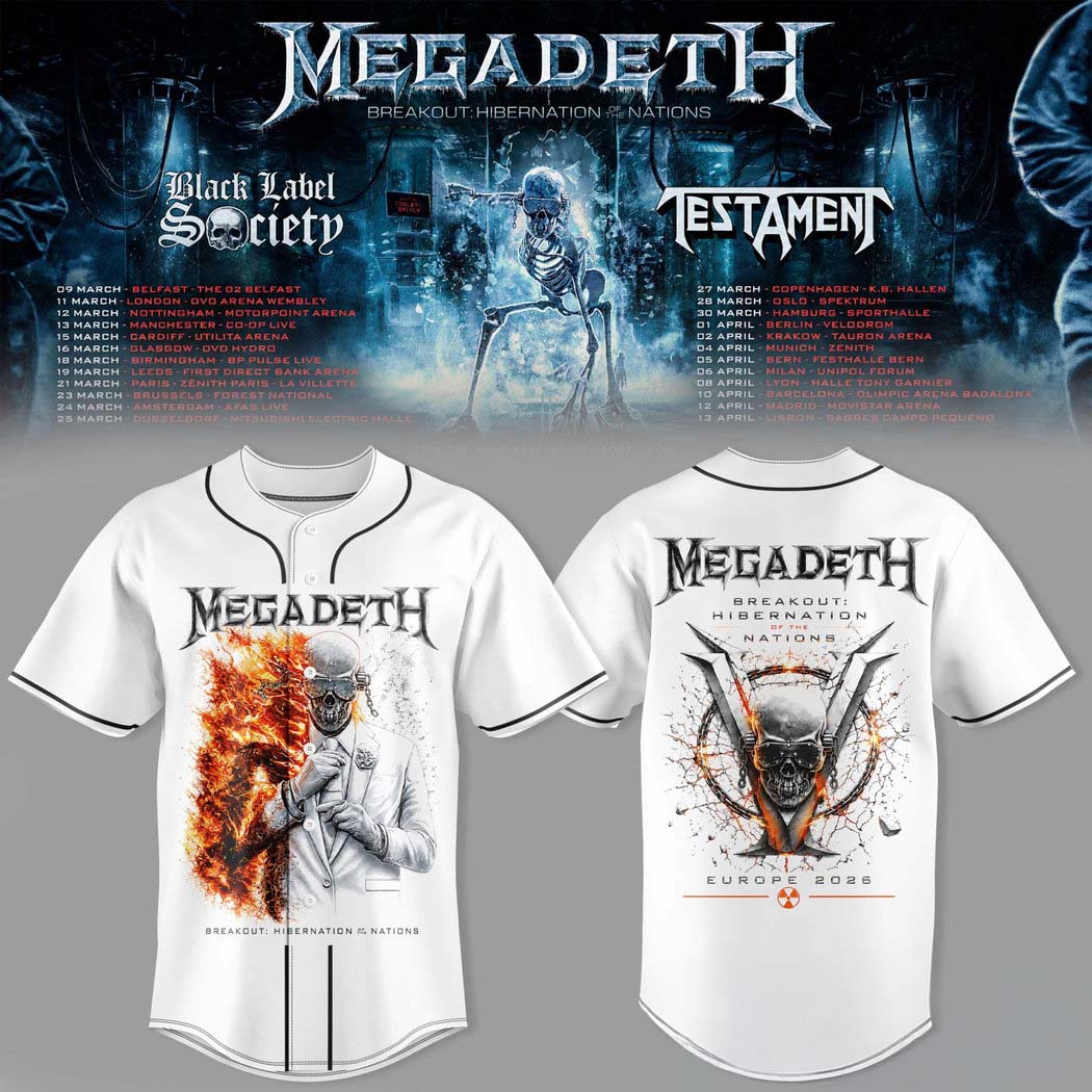 Megadeth Breakout Hibernation of the Nations Tour White Graphic Baseball Jersey 1 - Unicasport Megadeth Breakout Hibernation of the Nations Tour White Graphic Baseball Jersey