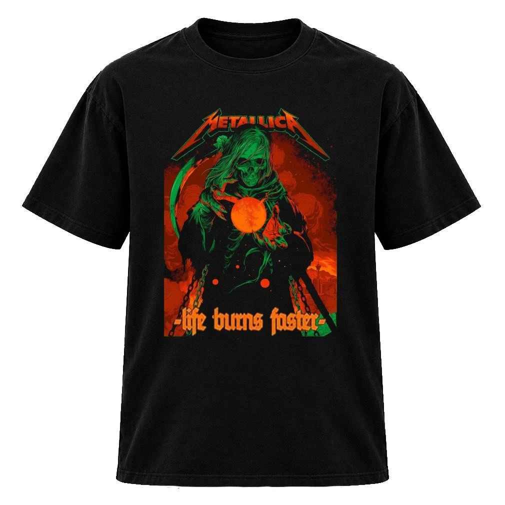 Metallica Life Burns Faster Green Hooded Grim Reaper Skull Holding Glowing Orange Orb Twisted Chains Fiery Red Smoke October 29 2026 Ken Taylor Artwork TShirt