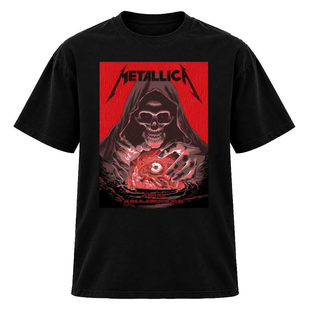 Metallica Life Burns Faster Las Vegas NV October 29th and 31st 2026 Hooded Skeleton Skull Holding Glowing Eyeball Red Black Horror TShirt