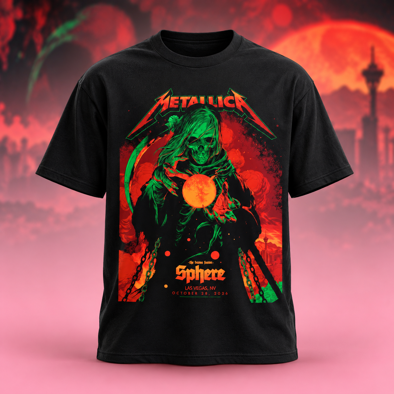 Metallica Life Burns Faster Sphere Las Vegas 2026 Week 5 Venue Poster Oct 29 2026 The Reaper TShirt