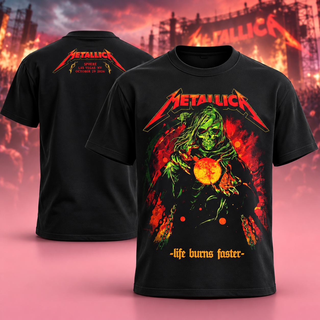 Metallica Life Burns Faster Sphere Las Vegas 2026 Week 5 Venue Tee Oct 29 2026 The Reaper Two Sided TShirt
