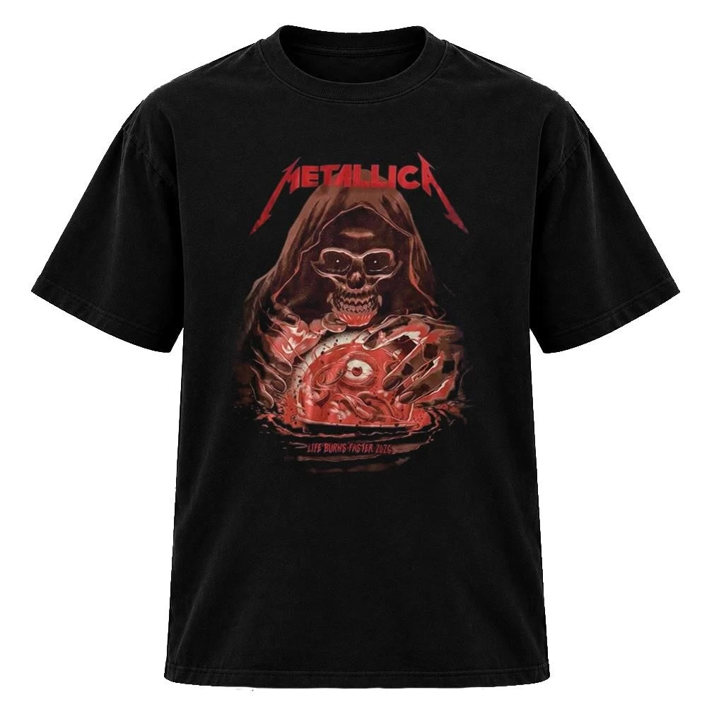 Metallica Life Burns Faster Sphere Las Vegas Week 5 October 2931 2026 Hooded Grim Reaper Skeleton Horror Artwork TShirt