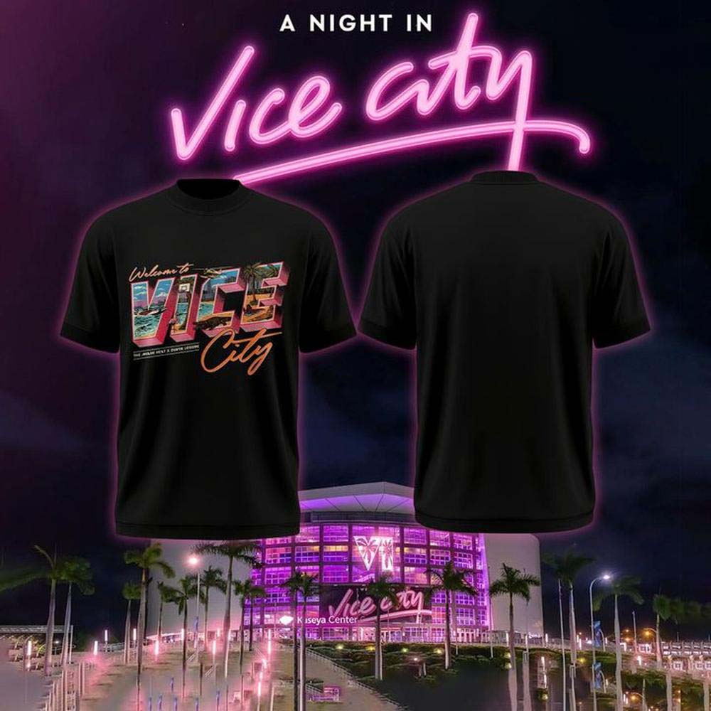 Miami Heat x Duvin Vice City Black Retro Miami Skyline Postcard Graphic T Shirt