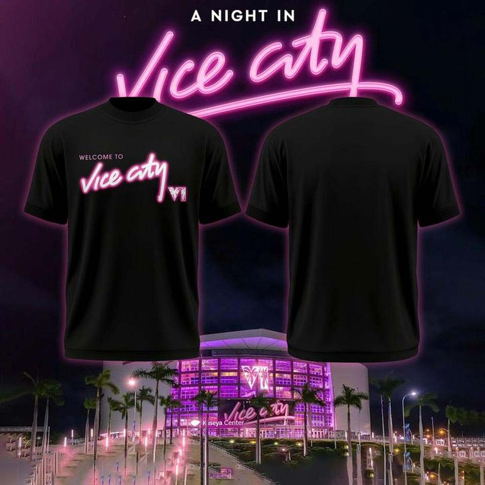 Miami Heat x Duvin Vice City Black Welcome Neon Pink Nightlife Graphic T Shirt