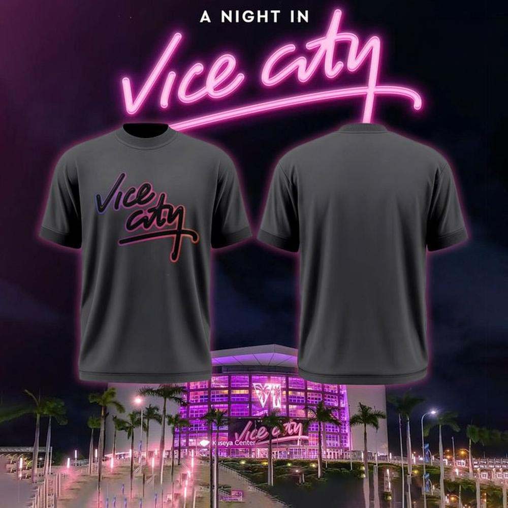 Miami Heat x Duvin Vice City Charcoal Gray Neon Pink Script Logo Graphic T Shirt