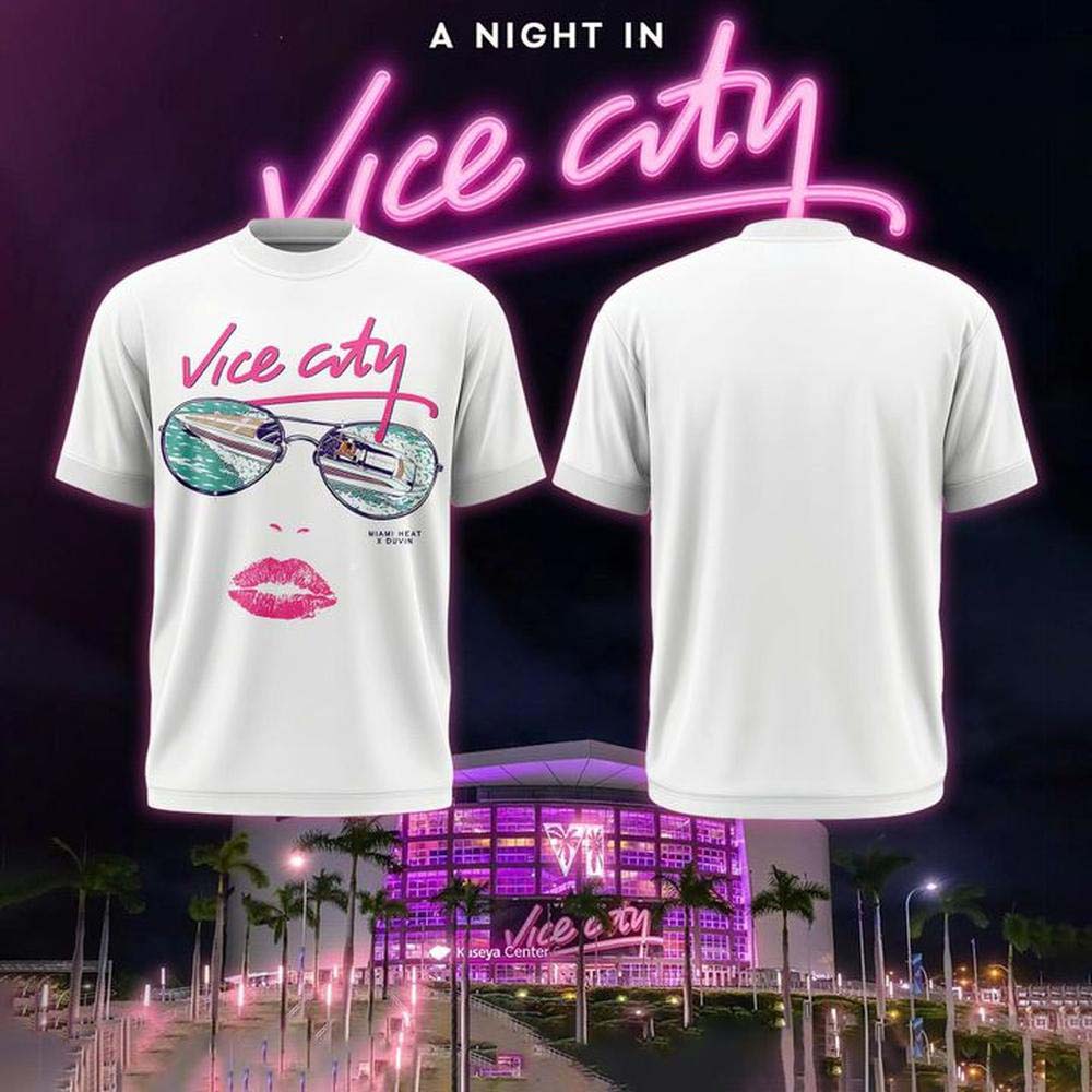 Miami Heat x Duvin Vice City White Pink Lips Sunglasses Tropical Graphic T Shirt