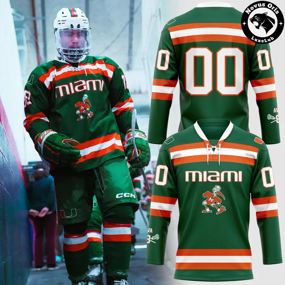Miami Hurricanes football 2026 Green Custom Hockey Jersey 1 - Unicasport Miami Hurricanes football 2026 Green Custom Hockey Jersey