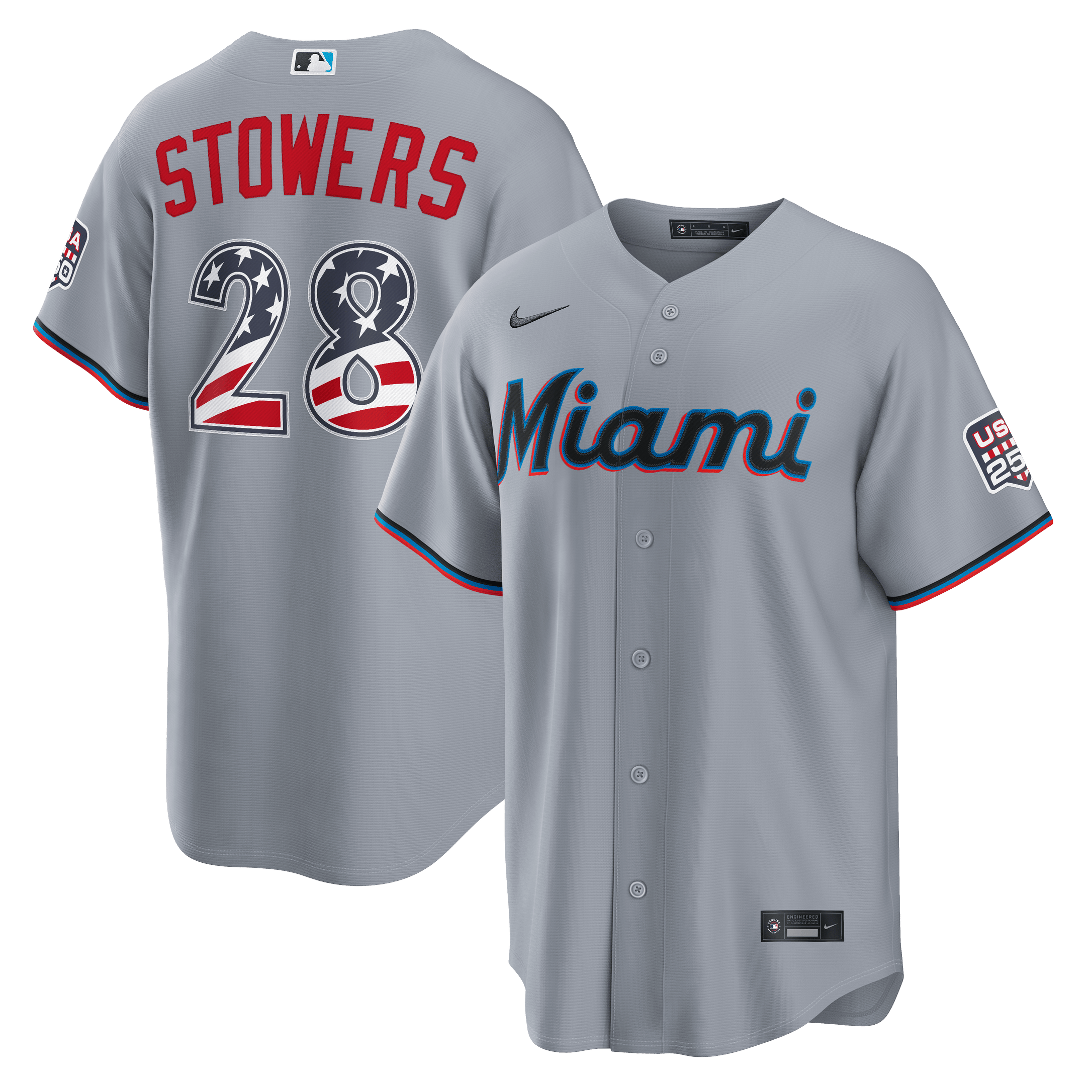 Miami Marlins Kyle Stowers Gray USA 250 Fourth of July Road Baseball Jersey