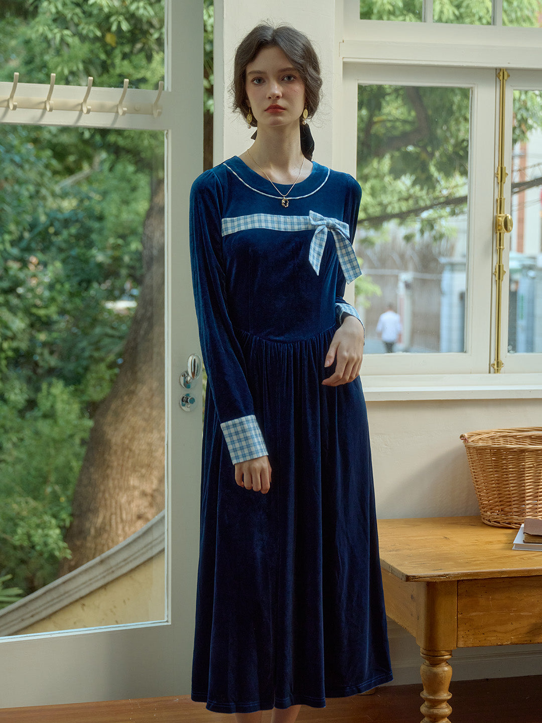 Midnight Navy Blue Velvet Long Sleeve Bow Dress Good Stylists Discombobulate