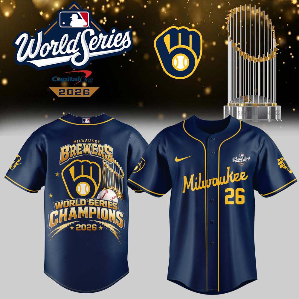 Milwaukee Brewers 2026 World Series Champions Navy Baseball Trophy Graphic Jersey