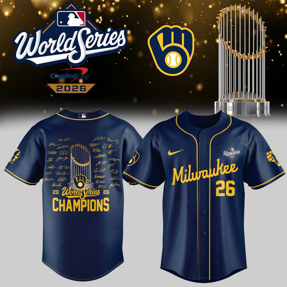 Milwaukee Brewers 2026 World Series Champions Navy Gold Signature Baseball Jersey