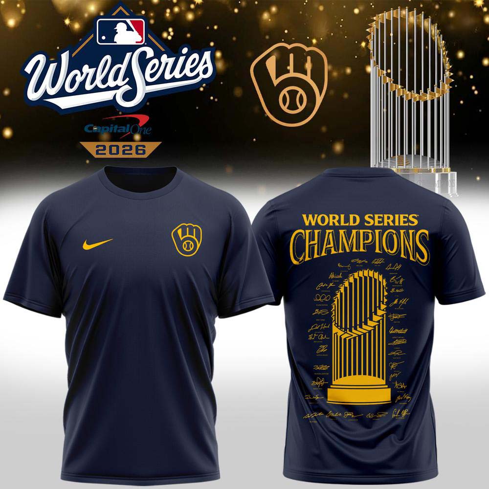 Milwaukee Brewers 2026 World Series Champions Navy Gold Signature Trophy T Shirt