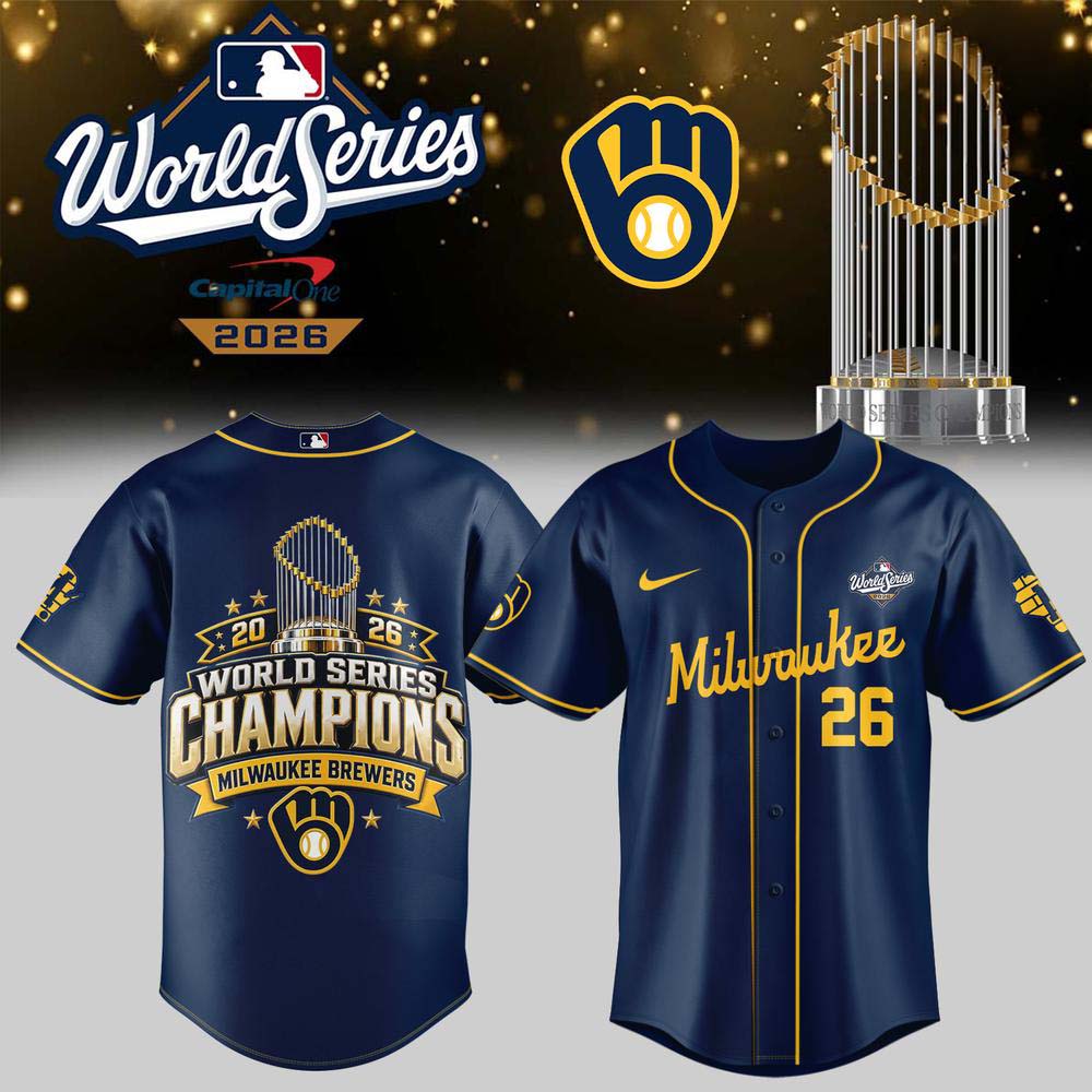 Milwaukee Brewers 2026 World Series Champions Navy Trophy Banner Baseball Jersey