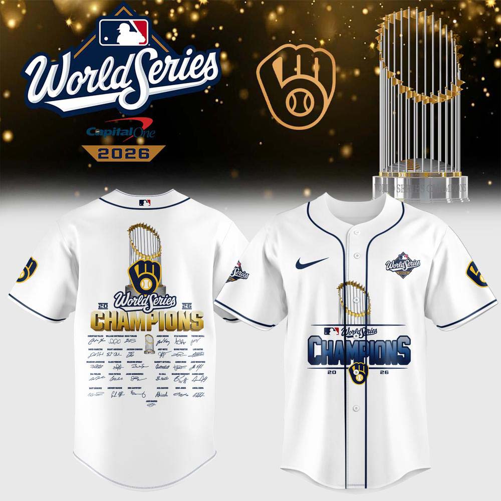 Milwaukee Brewers 2026 World Series Champions White Gold Trophy Signature Baseball Jersey
