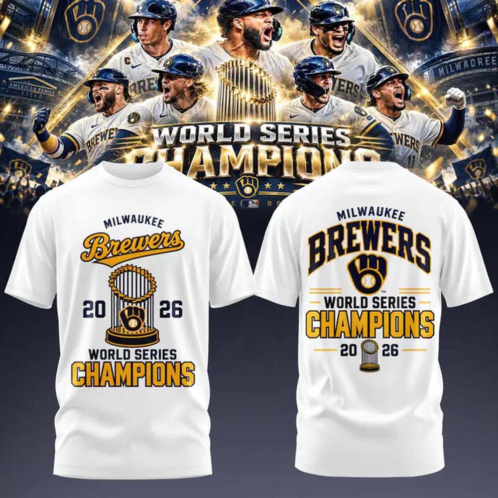 Milwaukee Brewers 2026 World Series Champions white trophy graphic t shirt