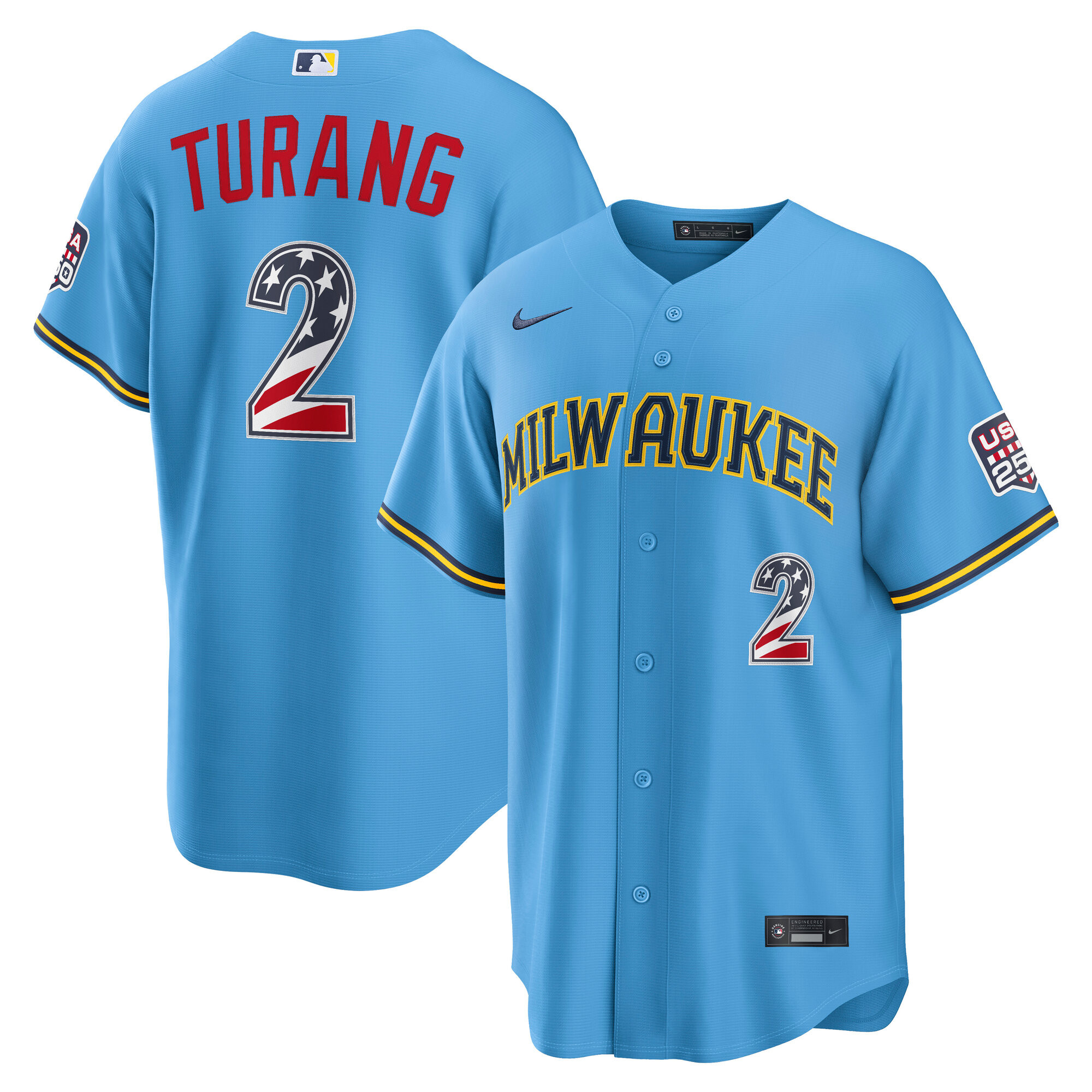 Milwaukee Brewers Brice Turang Light Blue USA 250 Fourth of July Road Baseball Jersey