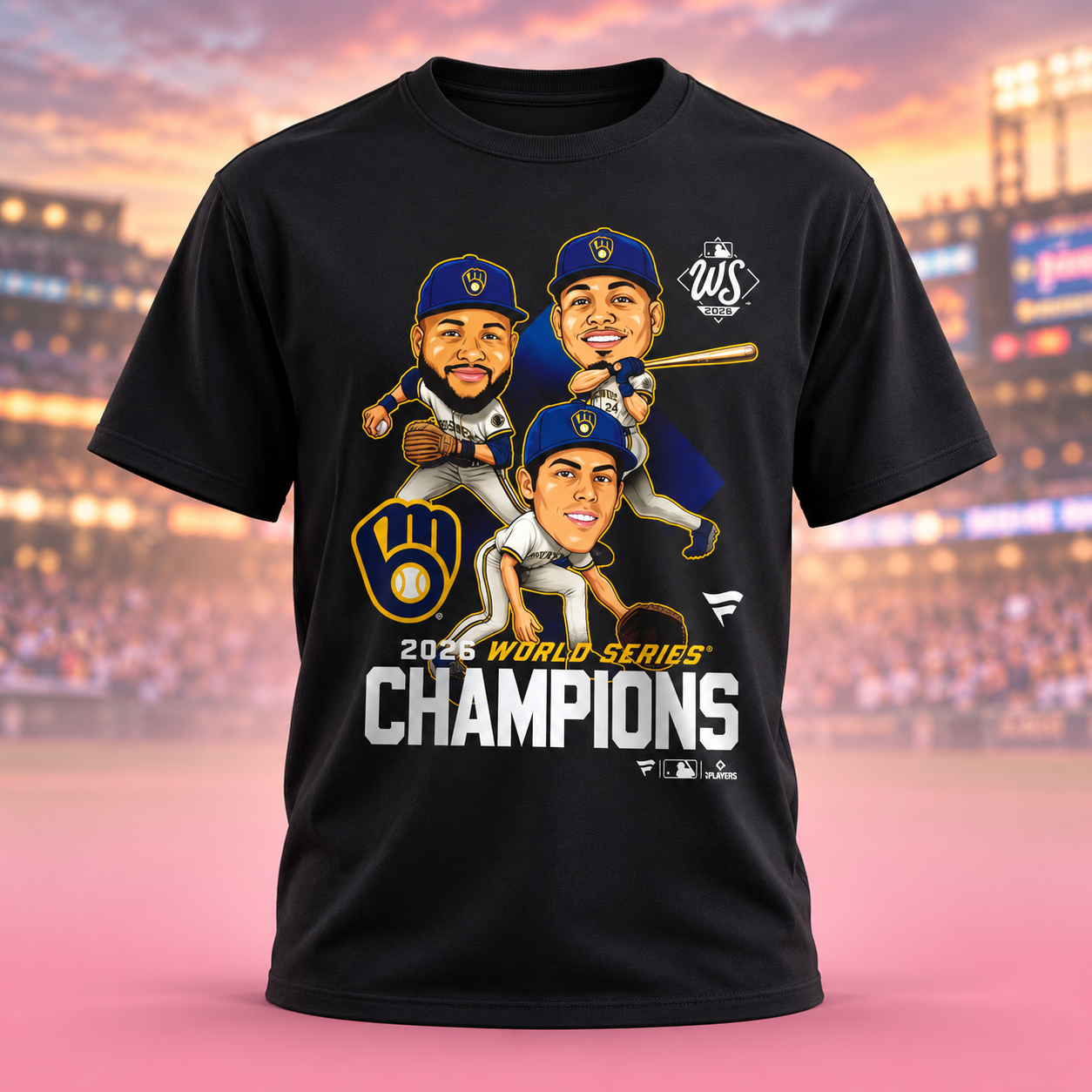 Milwaukee Brewers Fanatics 2026 World Series Champions Caricature Big Head TShirt