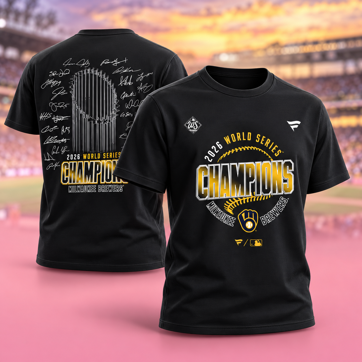 Milwaukee Brewers Fanatics 2026 World Series Champions Signature Roster Trophy TShirt