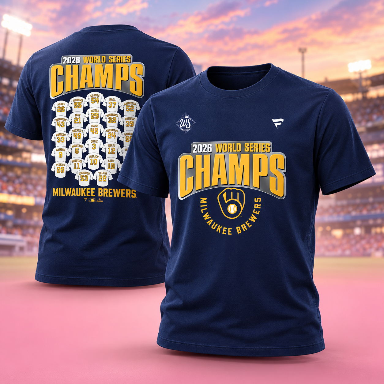 Milwaukee Brewers Fanatics Womens 2026 World Series Champions Jersey Roster TShirt