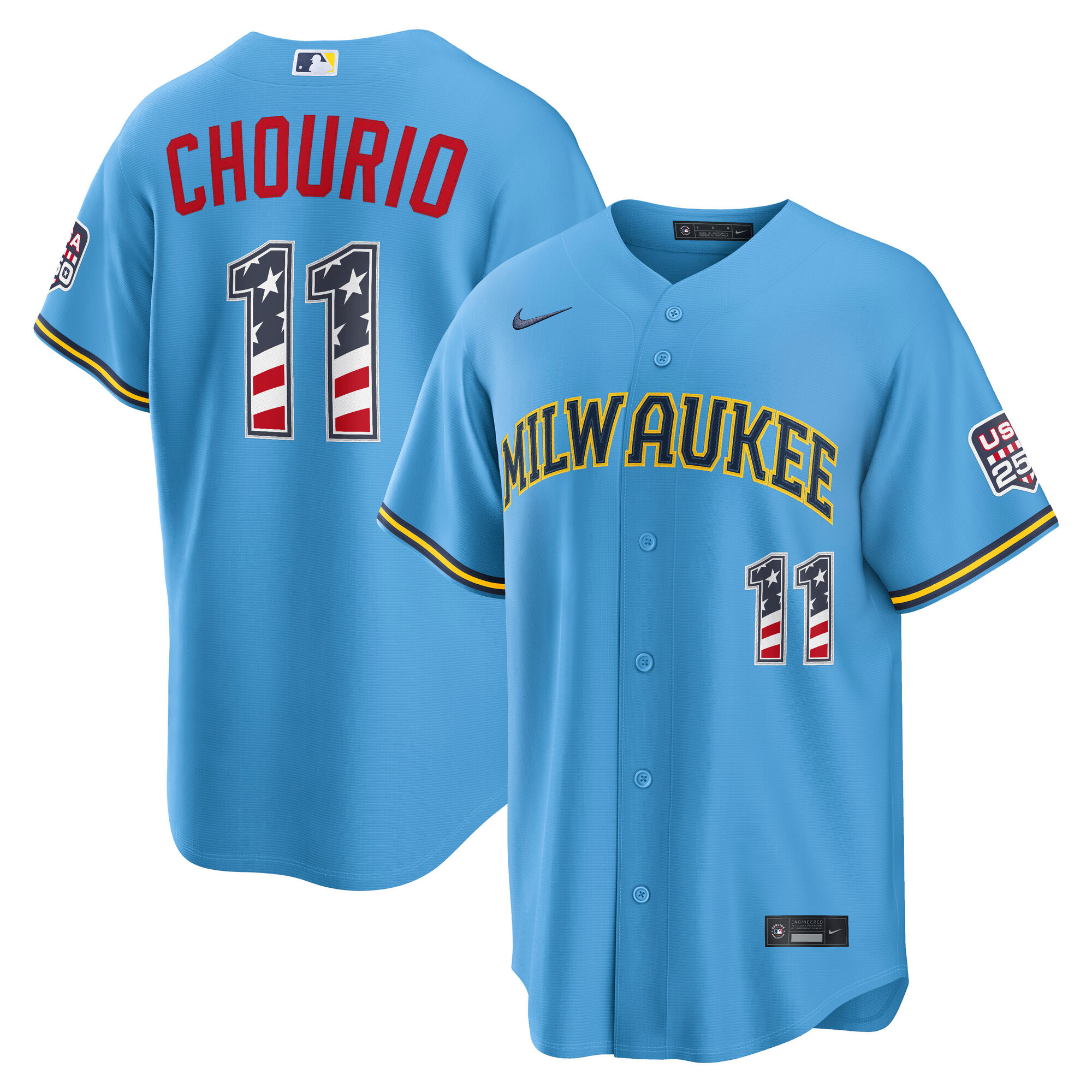 Milwaukee Brewers Jackson Chourio Light Blue USA 250 Fourth of July Road Baseball Jersey