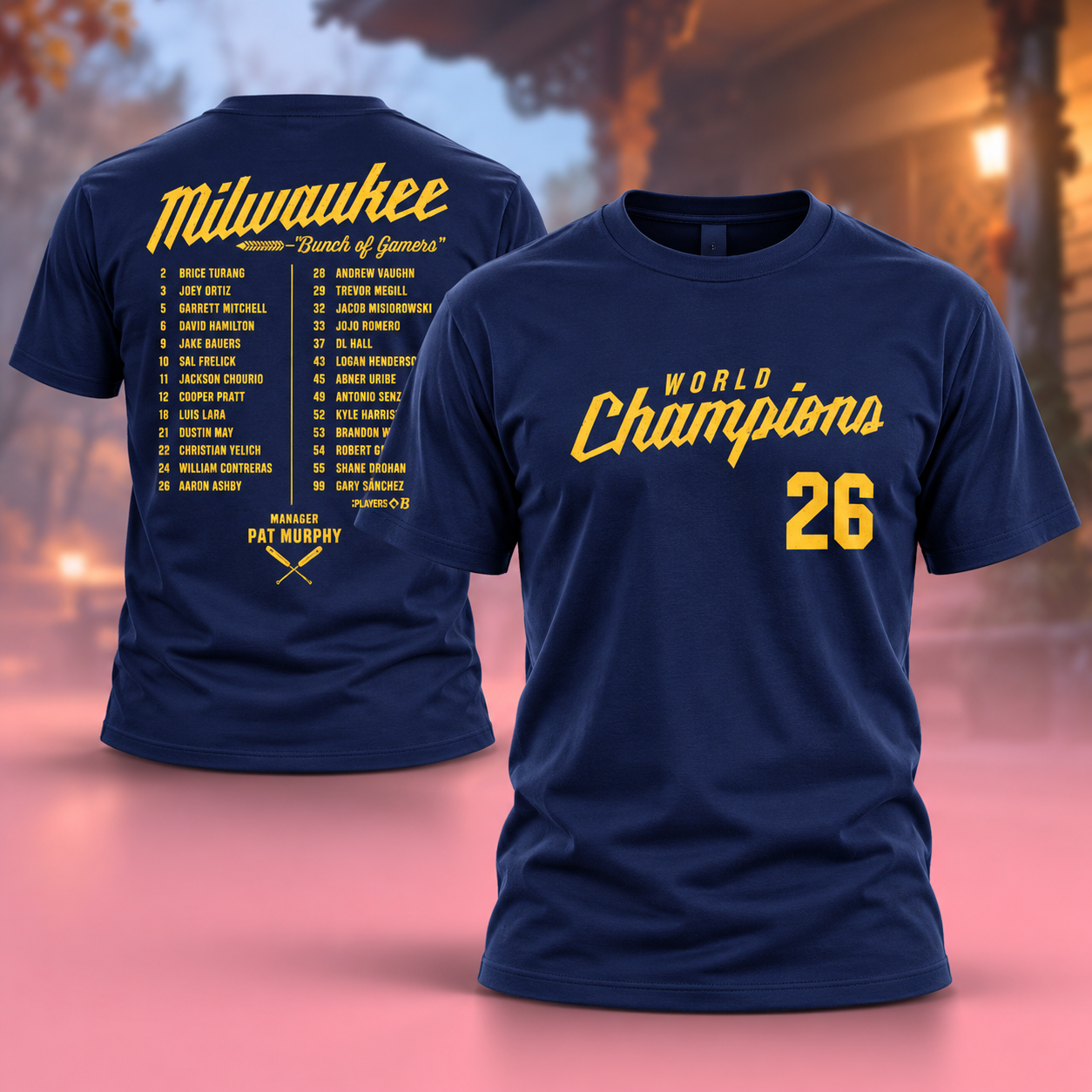 Milwaukee Brewers Merch 2026 World Series Champions Bunch Of Gamers Team Roster Navy Two Sided Unisex TShirt