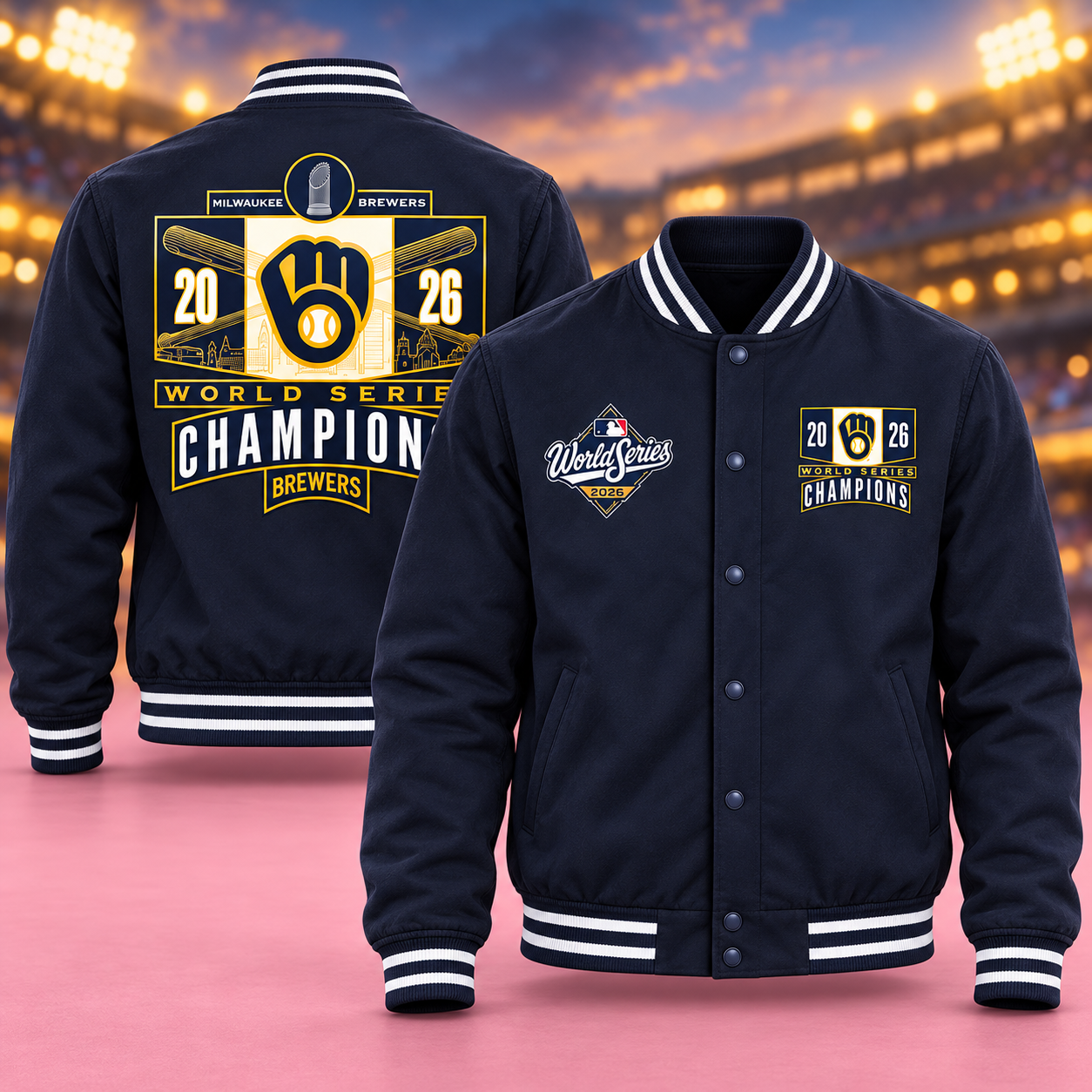 Milwaukee Brewers Merch JH Design 2026 World Series Champions Cream Zip Bomber Jacket Navy Baseball Jacket