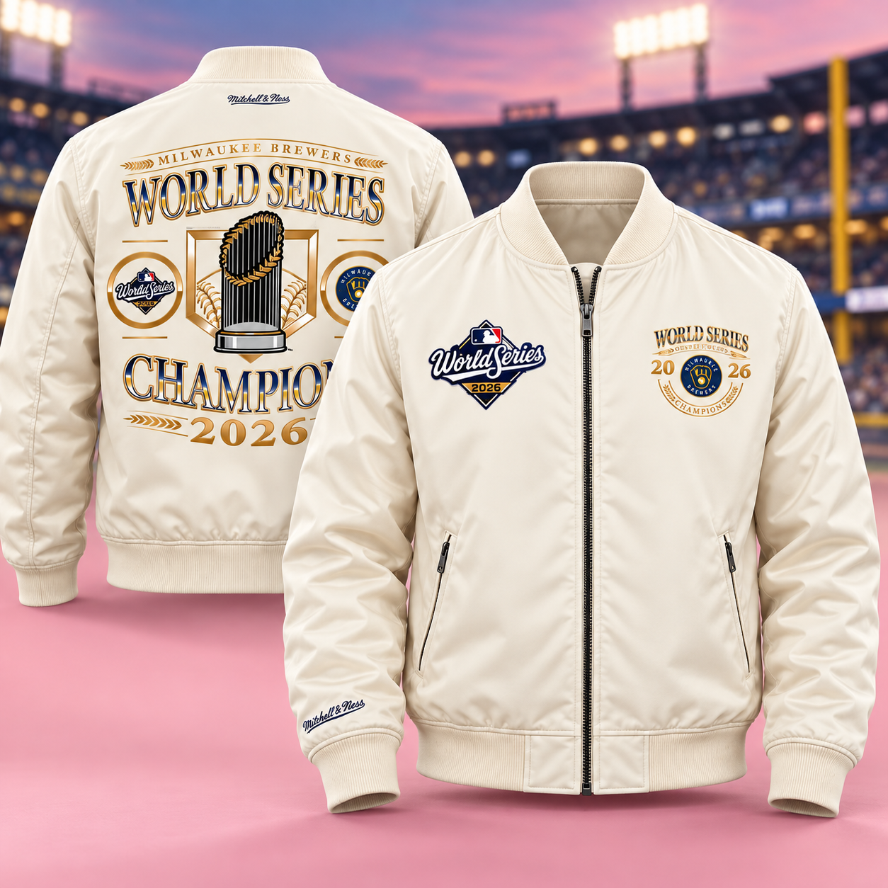 Milwaukee Brewers Merch Mitchell And Ness 2026 World Series Champions Cream Zip Bomber Jacket