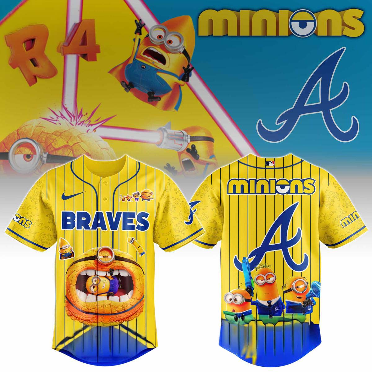 Minions x Atlanta Braves Yellow Baseball Jersey - Best Gift for Fans