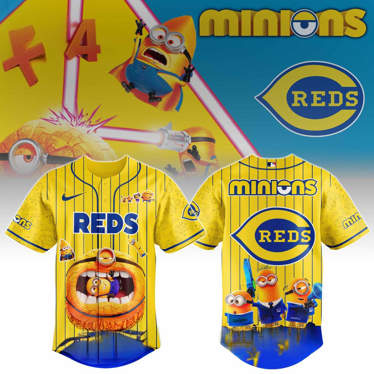 Minions x Cincinnati Reds Yellow Baseball Jersey - Best Gift for Fans