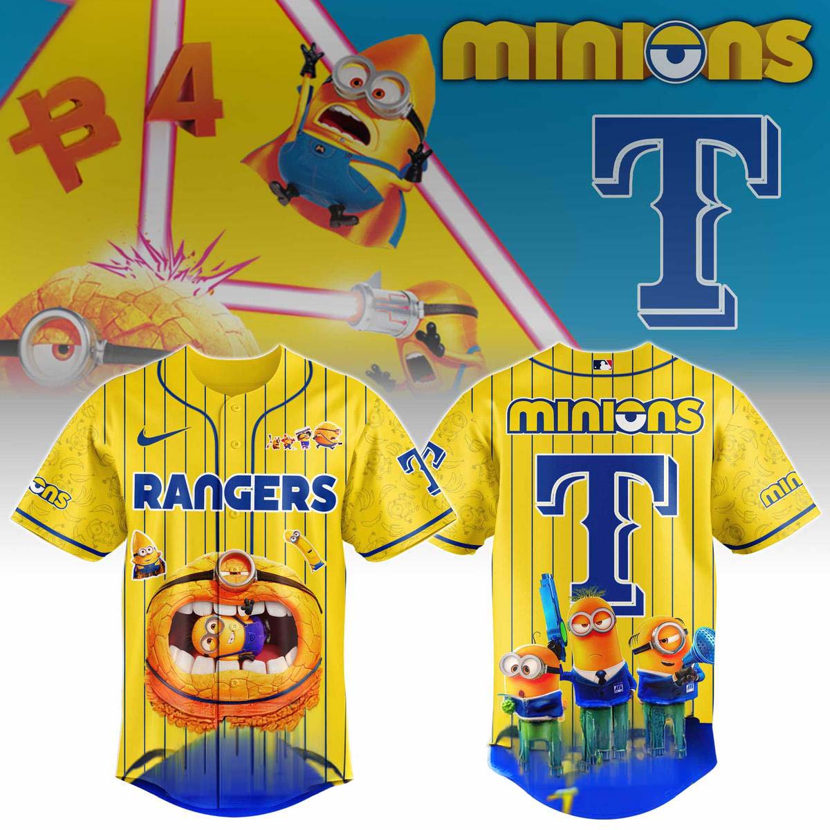 Minions x Texas Rangers Yellow Baseball Jersey - Best Gift for Fans