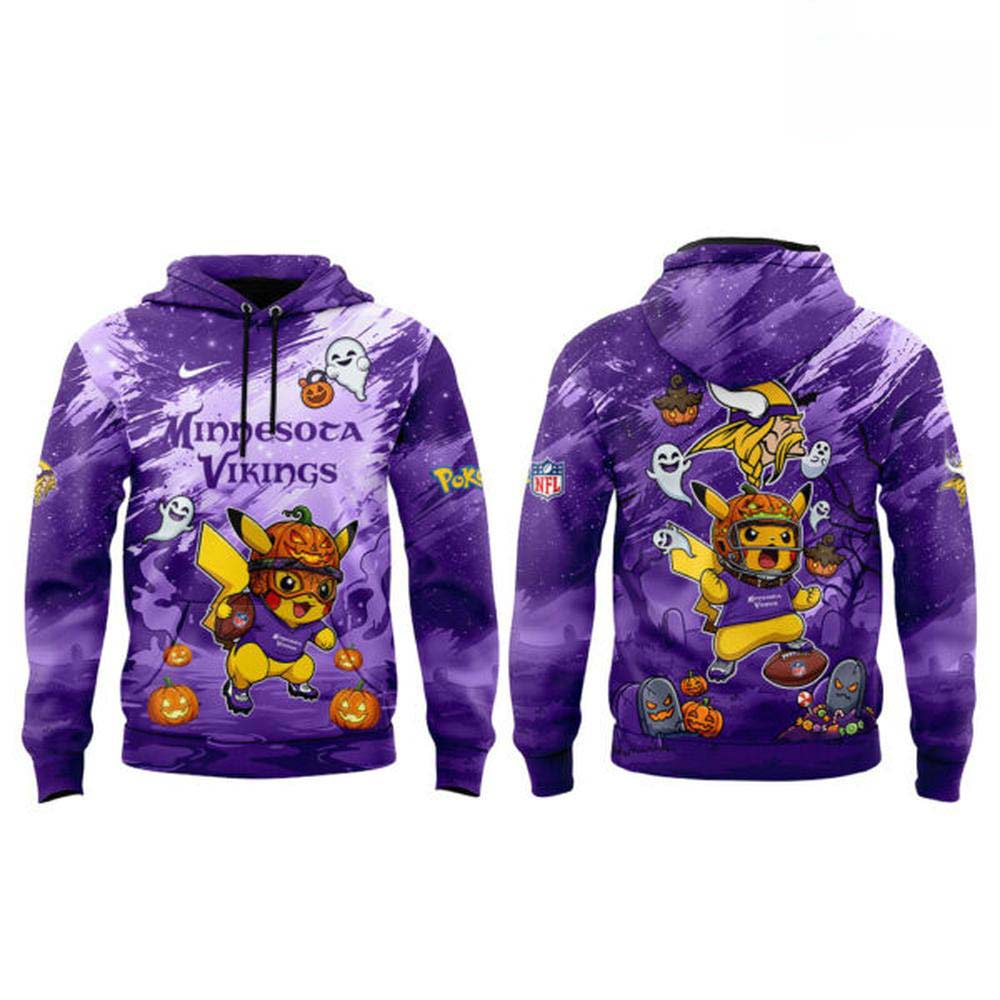 Close-up of the Minnesota Vikings x Pokemon Halloween Night 2026 hoodie graphic