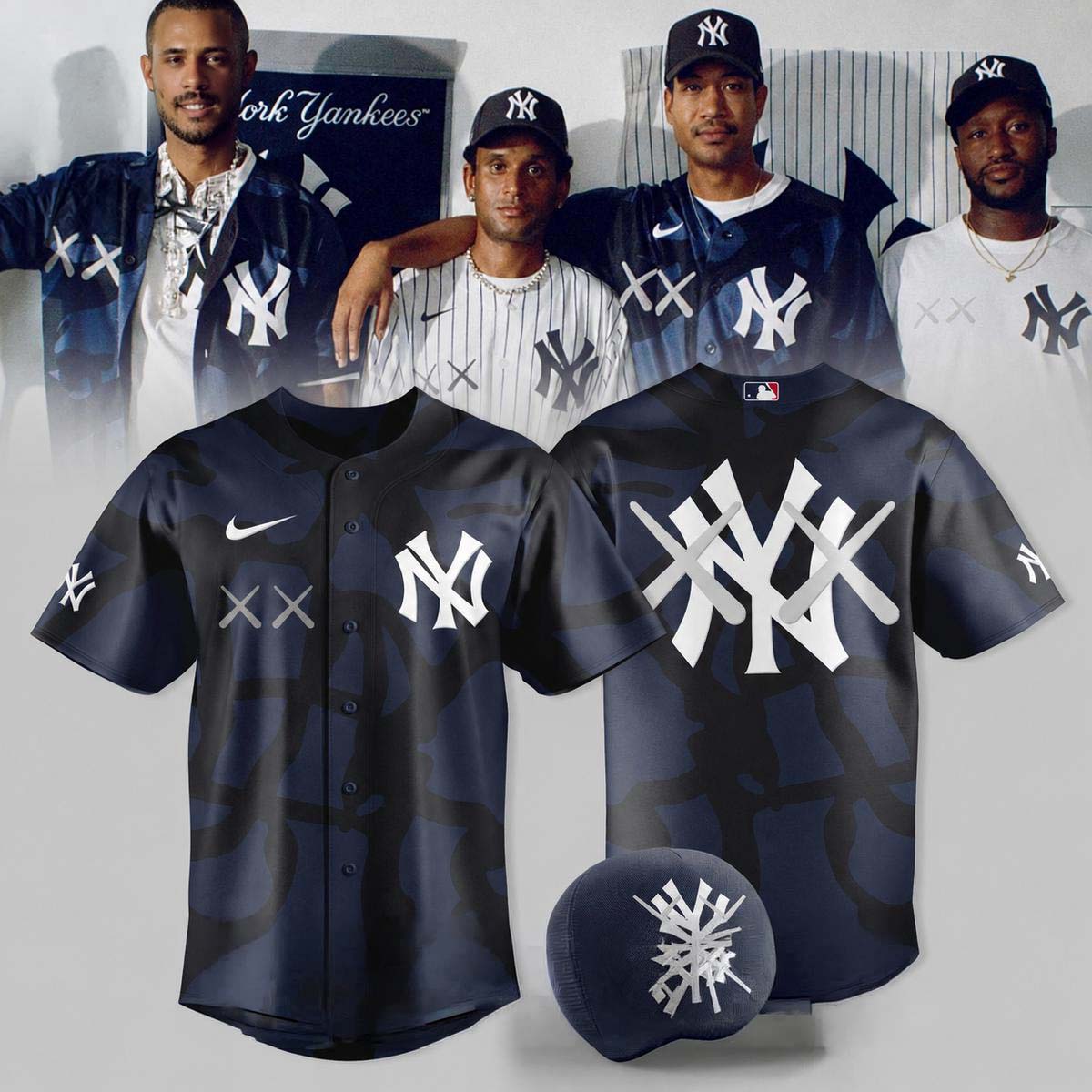 MLB New York Yankees x KAWS 2026 Navy Camo Baseball Jersey - Best Gift for Fans