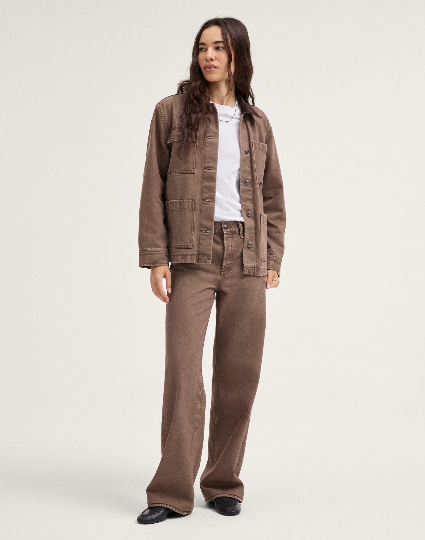 Zorvella Teeyoulove utility jacket in mocha brown shown from another angle