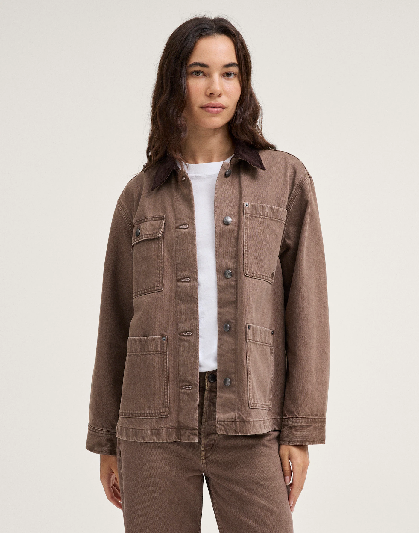 Mocha brown Zorvella Teeyoulove relaxed fit utility jacket with button front and patch pockets