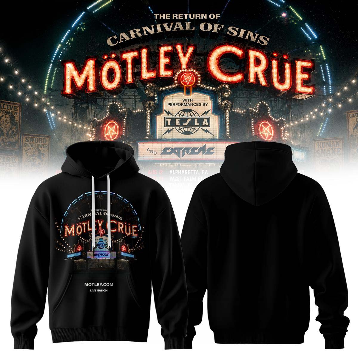 Motley Crue The Return of the Carnival of Sins 1981 Tour Black Vintage Hoodie