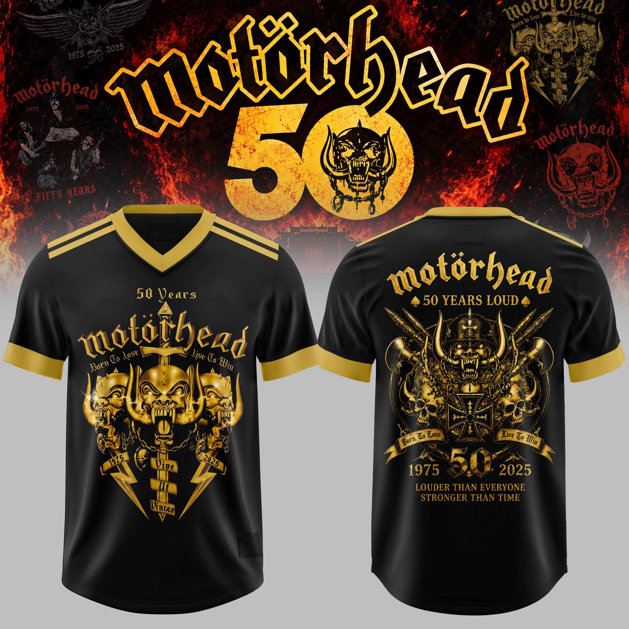 Motorhead 50 Years Anniversary Tour Gold Emblem Graphic Black Football Jersey 1 - Unicasport Motorhead 50 Years Anniversary Tour Gold Emblem Graphic Black Football Jersey
